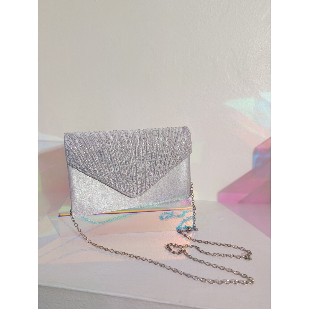 Silver Rhinestone Pleated Satin Evening Clutch Purse Formal Y2K 8.25" x 5"